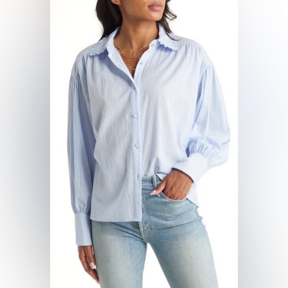 VICI Puff Sleeve Cotton Button Up Blouse with Ruffle Collar in Sky Blue